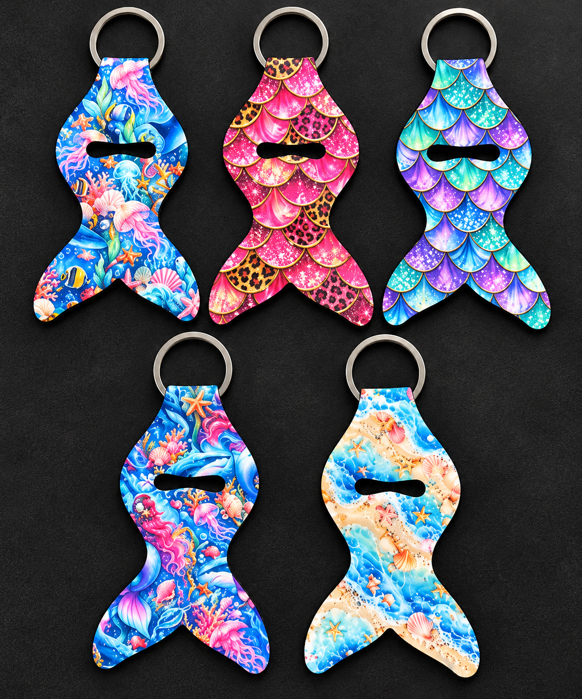 Custom mermaid tail chapstick keychains created by InkSpire